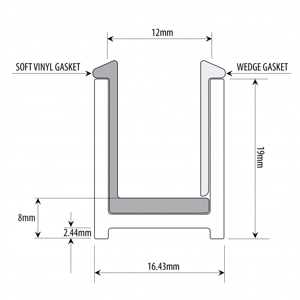 16mm Polished Aluminium U Channel With Gasket For 10mm Glass