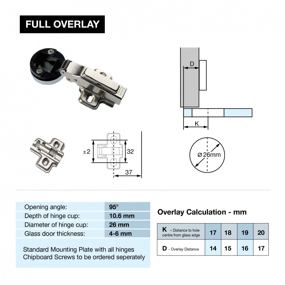 Soft Close Glass Door Cabinet Hinge - Full Overlay