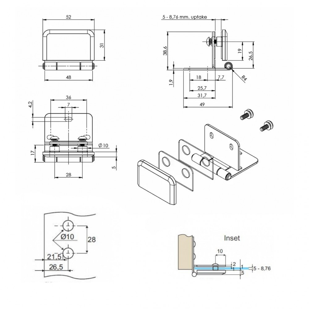 Inset Drilled Glass Door Hinges 12 Kg Pr - Polished Chrome
