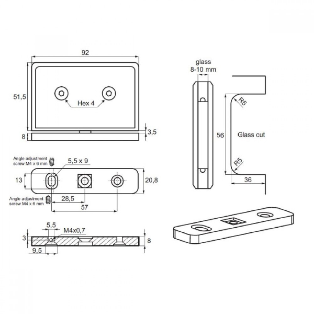 Shower Pivot Hinge - 8mm to 10mm Glass - SS Effect