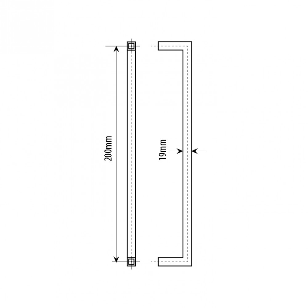 200mm Door Handle 19mm Square Tube  Matt Black