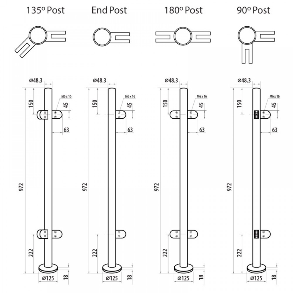 972mm 90 Degree Balustrade Post Inc. Clamps For 10mm Glass