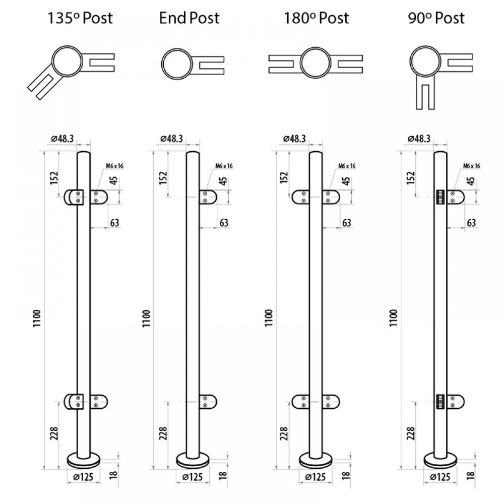 1100mm Centre Type Balustrade Post Inc Clamps For 10mm Glass