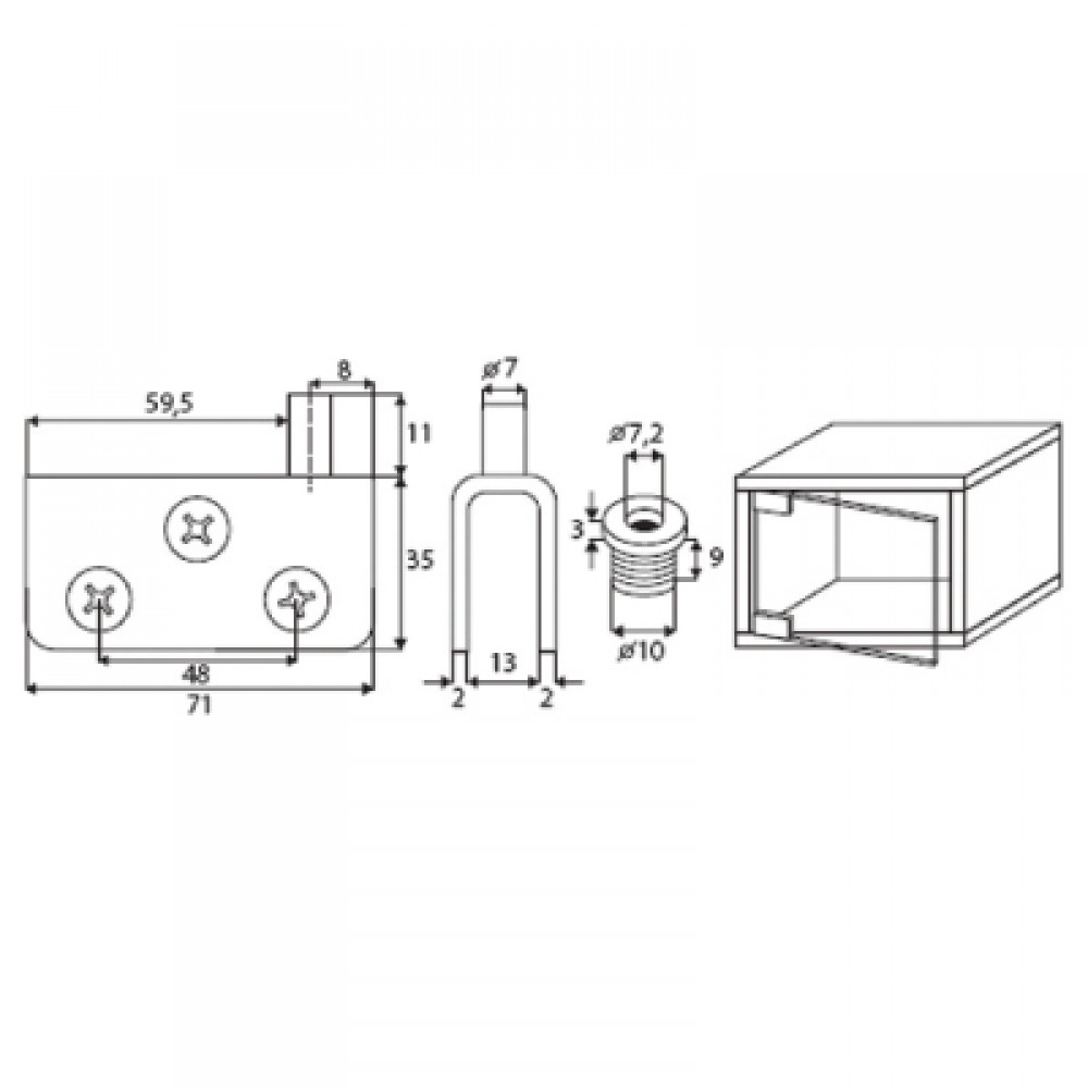Non Drill Pivot Hinge - 71 x 35mm - 10mm Glass