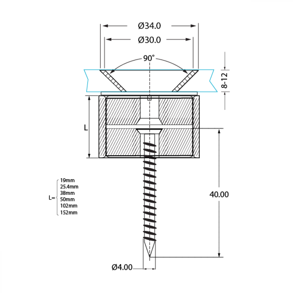 Countersunk Cap Stainless Standoff/Sign Fixi. 152 x 30mm Dia