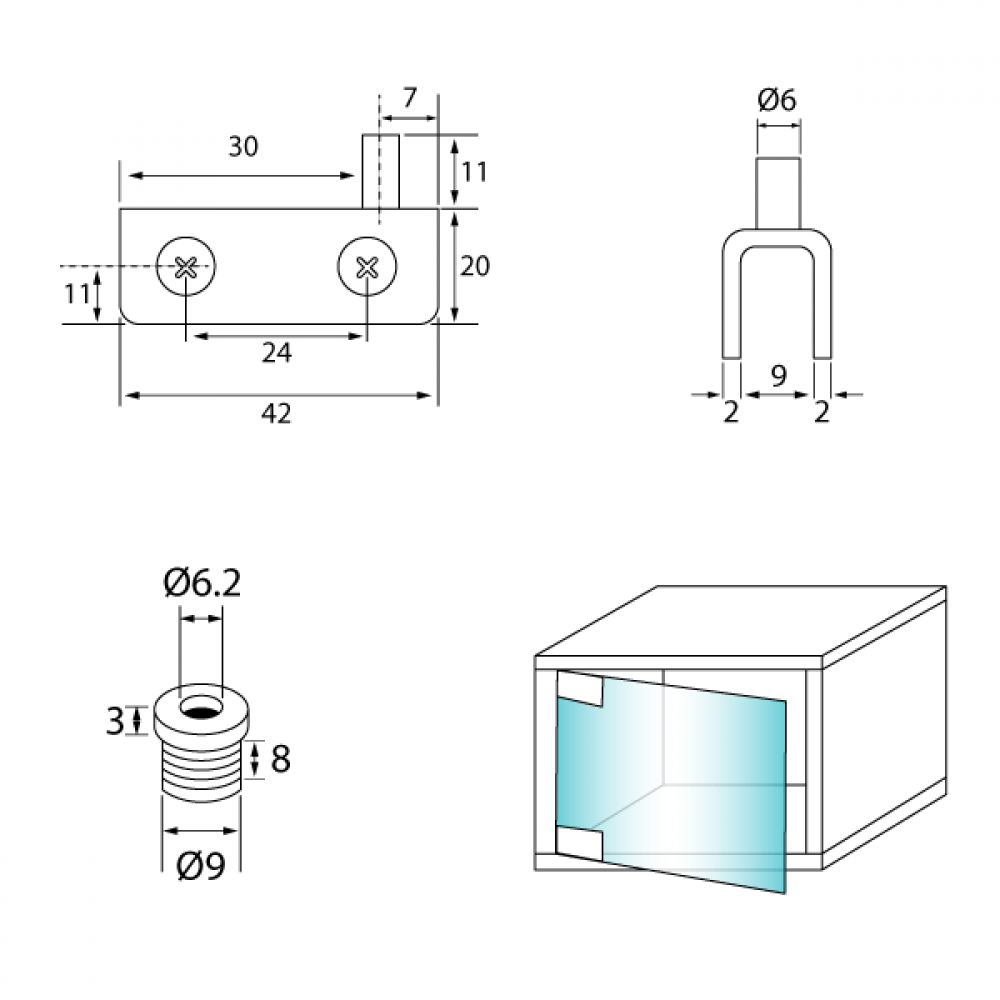 Non Drill Pivot Hinge - 42mm x 20mm - 6mm Glass