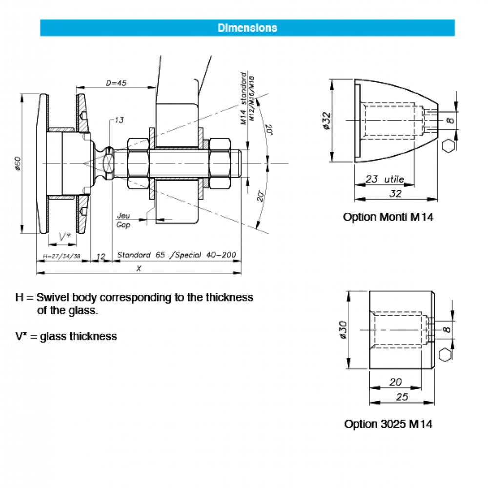 60mm Dia. Flat Head Articulated Bolt For 15 - 22mm Thick Gla