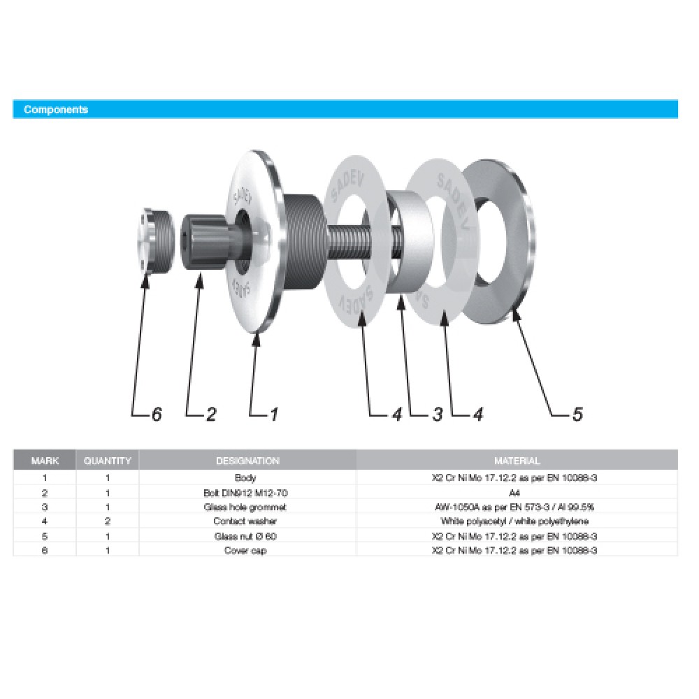 60mm Dia. Flat Head Fixed Bolt For 15 - 22mm Thick Glass (Ou