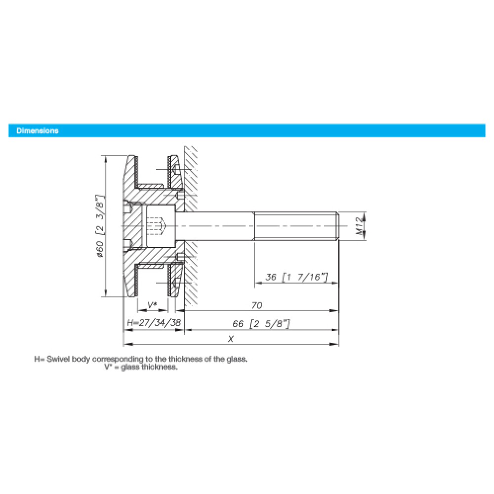 60mm Dia. Flat Head Fixed Bolt For 15 - 22mm Thick Glass (Ou